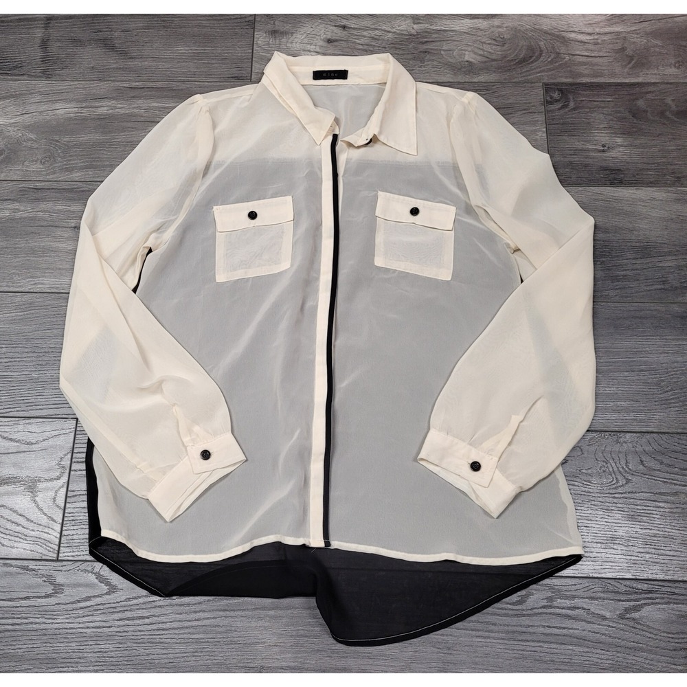 Mine Women's Long Sleeve Sheer Button-down Blouse Ivory/Black Size L